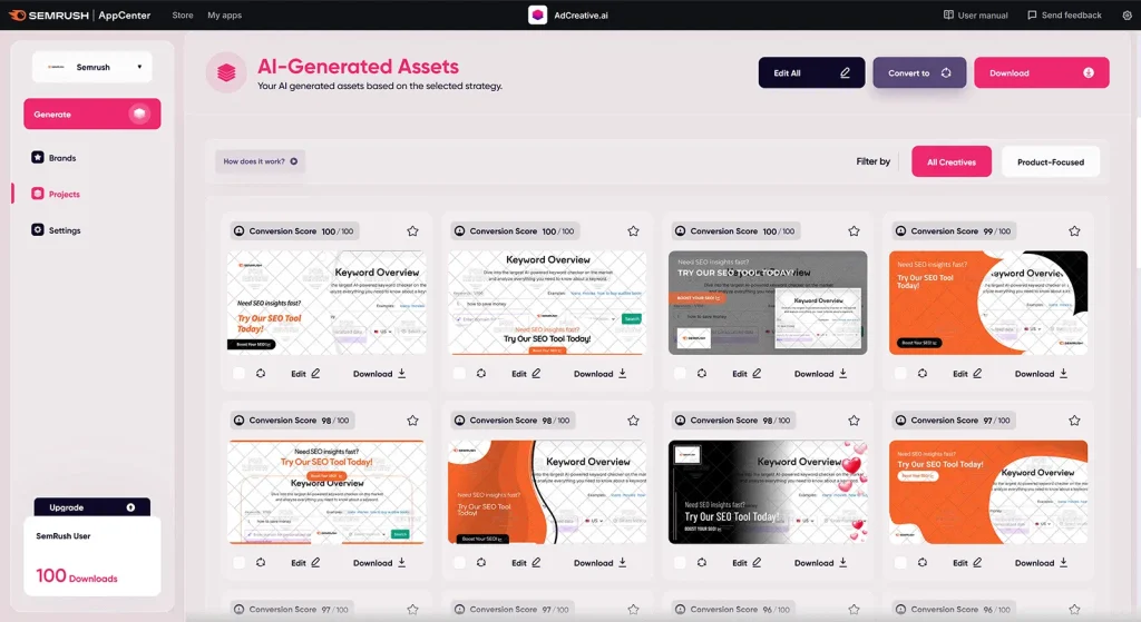 داشبورد AdCreative.ai در بخش Ad Creatives